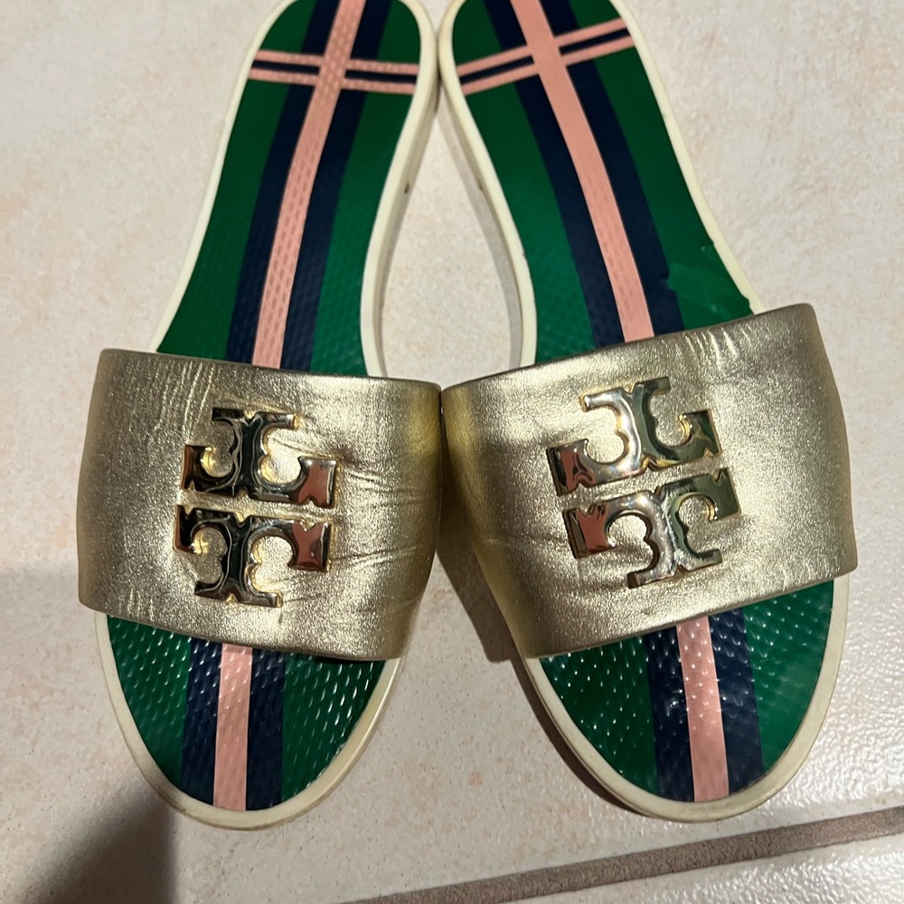 Tory Burch Gold and Green Sandals